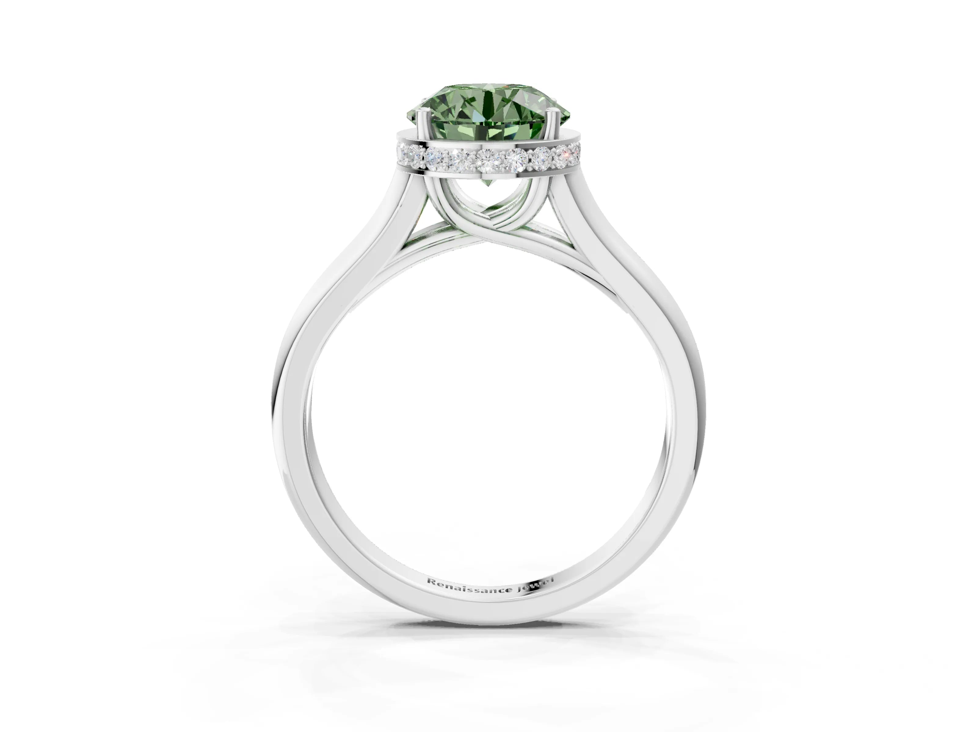 White gold Fancy Green Round Cut Solitaire Diamond Engagement Ring with Four-Prong Setting and Tapered Band_3