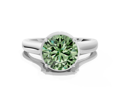 White gold Fancy Green Round Cut Solitaire Diamond Engagement Ring with Four-Prong Setting and Tapered Band