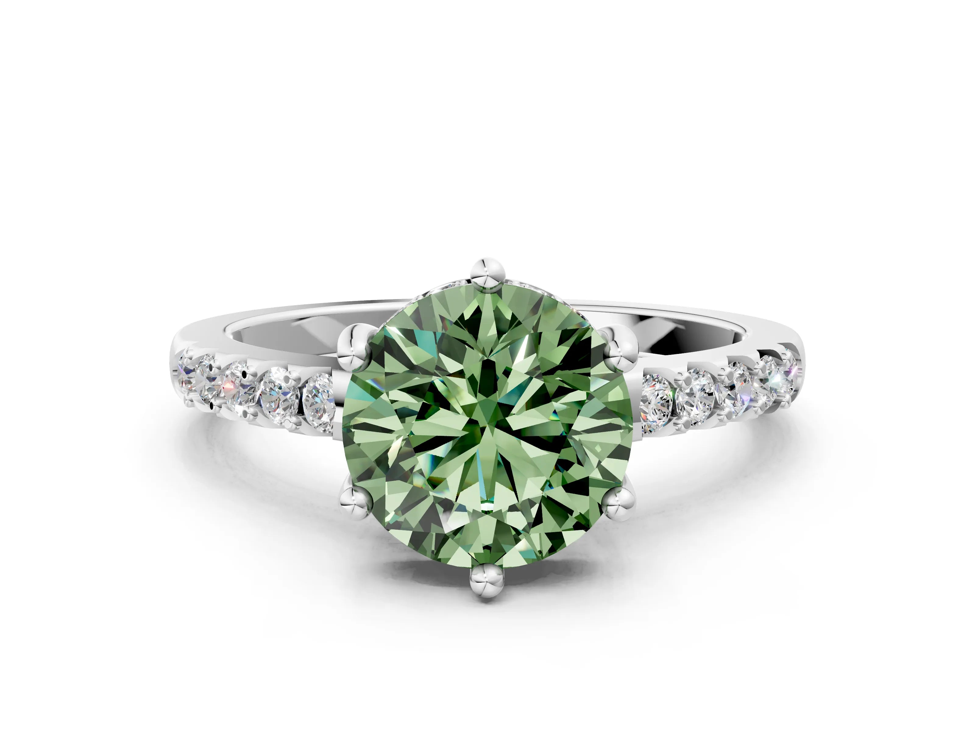 White gold Fancy Green Round Cut Solitaire Diamond Engagement Ring with Pavé Band and Six-Prong Setting_12