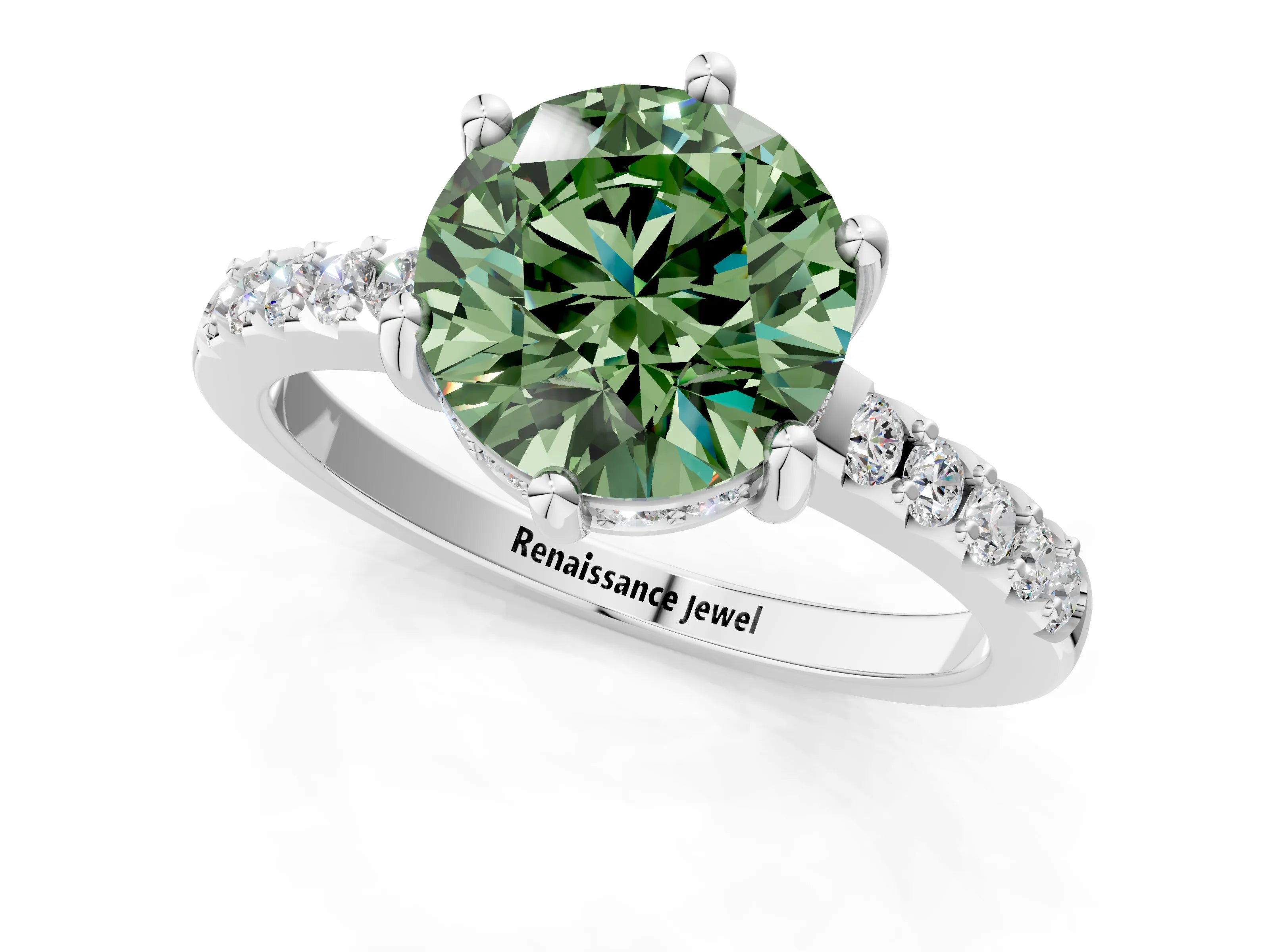 White gold Fancy Green Round Cut Solitaire Diamond Engagement Ring with Pavé Band and Six-Prong Setting_13