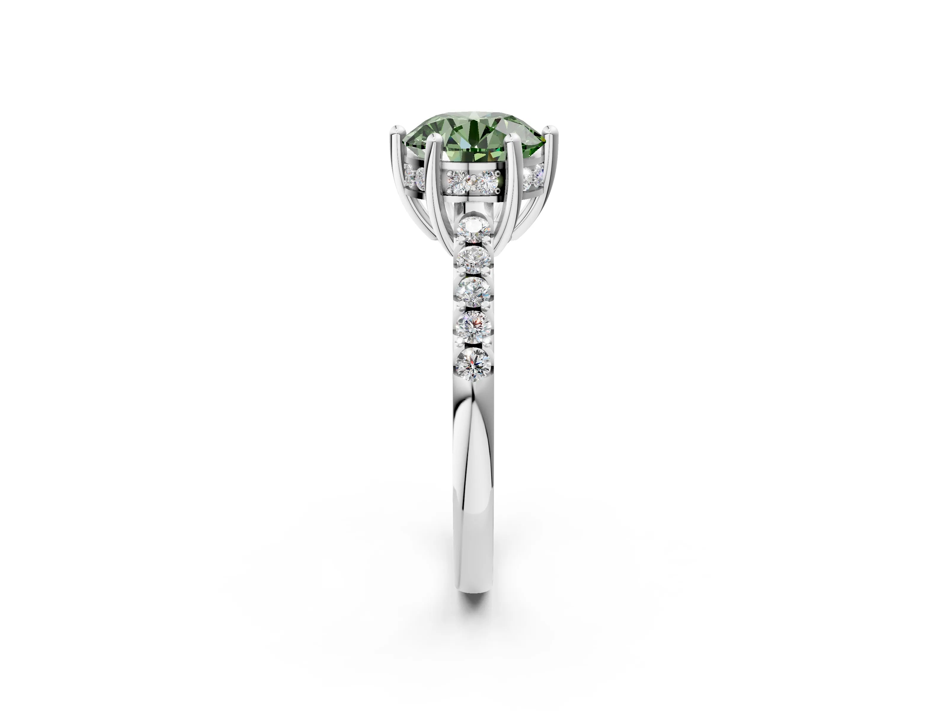 White gold Fancy Green Round Cut Solitaire Diamond Engagement Ring with Pavé Band and Six-Prong Setting_14
