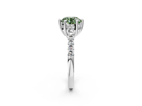 White gold Fancy Green Round Cut Solitaire Diamond Engagement Ring with Pavé Band and Six-Prong Setting_14