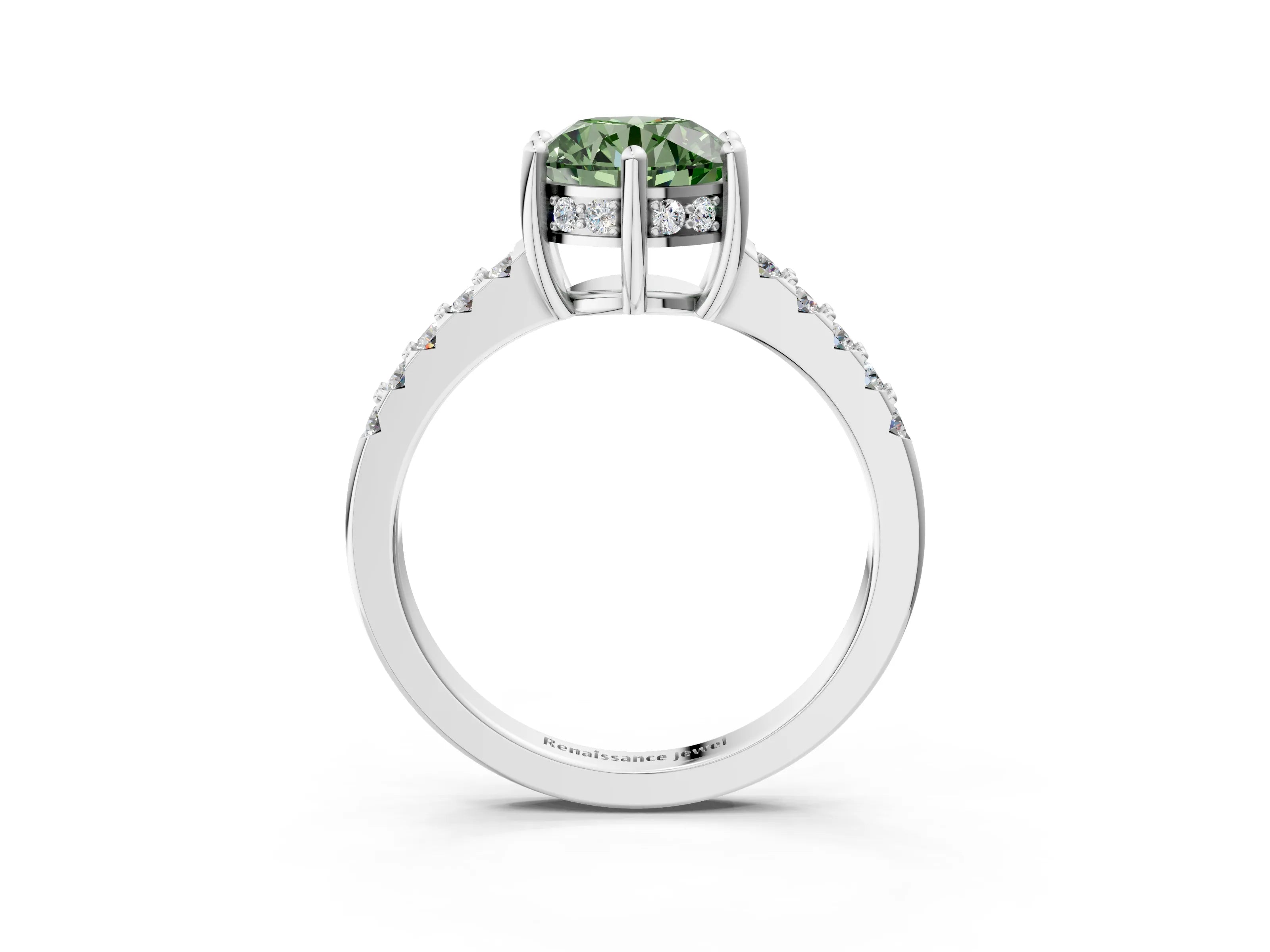 White gold Fancy Green Round Cut Solitaire Diamond Engagement Ring with Pavé Band and Six-Prong Setting_15