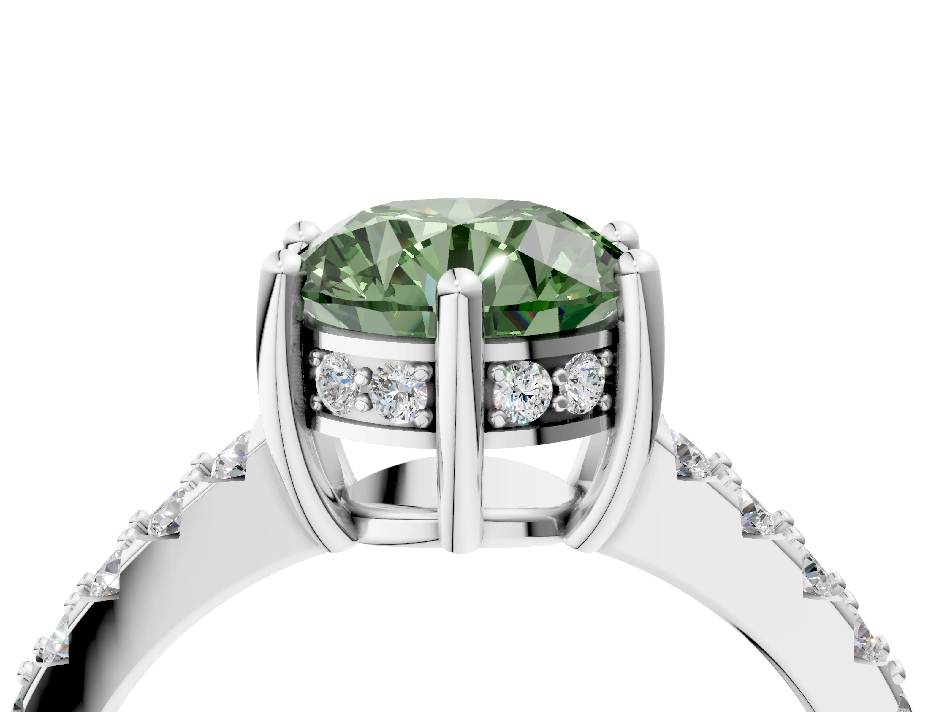 White gold Fancy Green Round Cut Solitaire Diamond Engagement Ring with Pavé Band and Six-Prong Setting_16