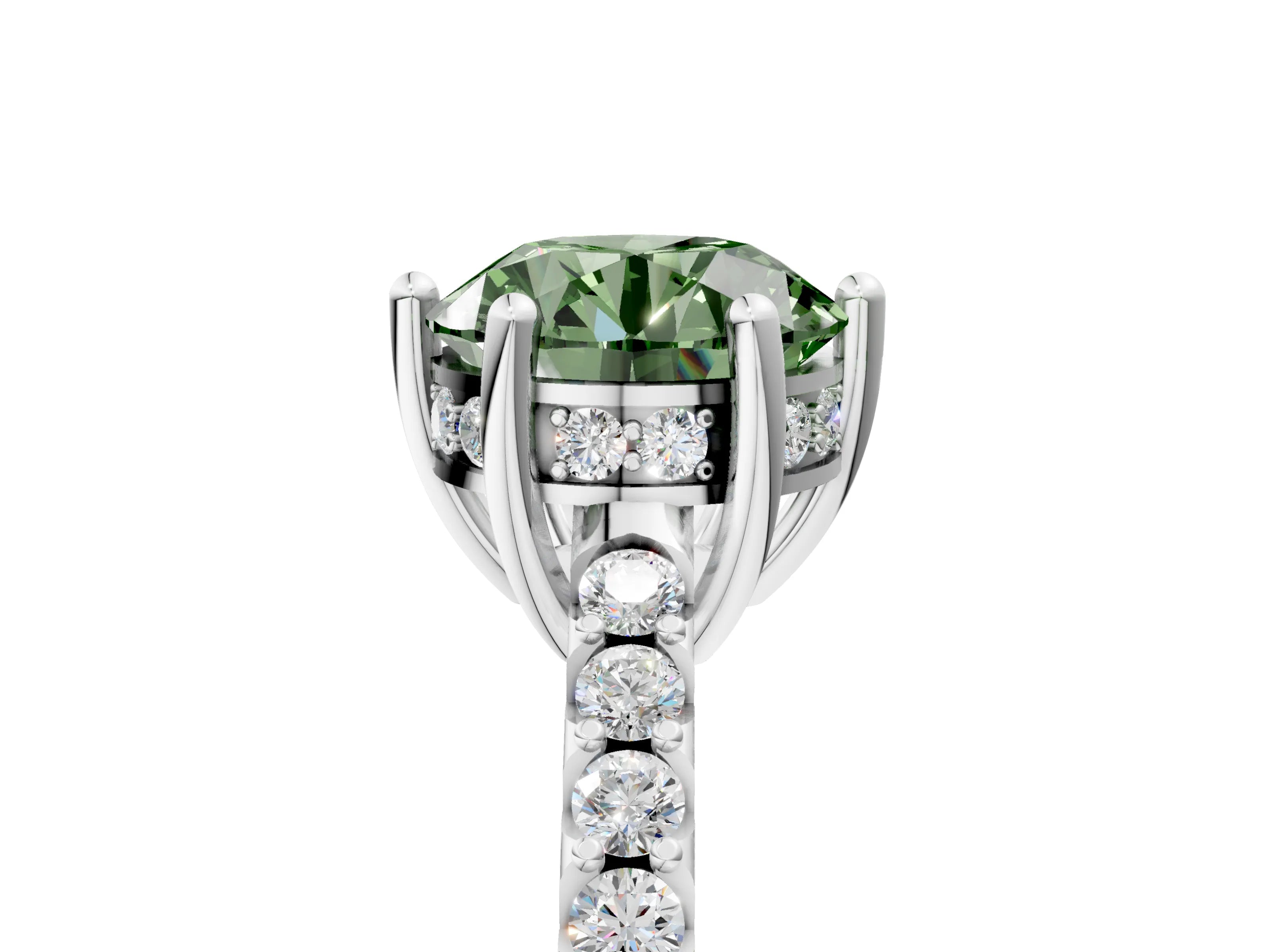 White gold Fancy Green Round Cut Solitaire Diamond Engagement Ring with Pavé Band and Six-Prong Setting_17
