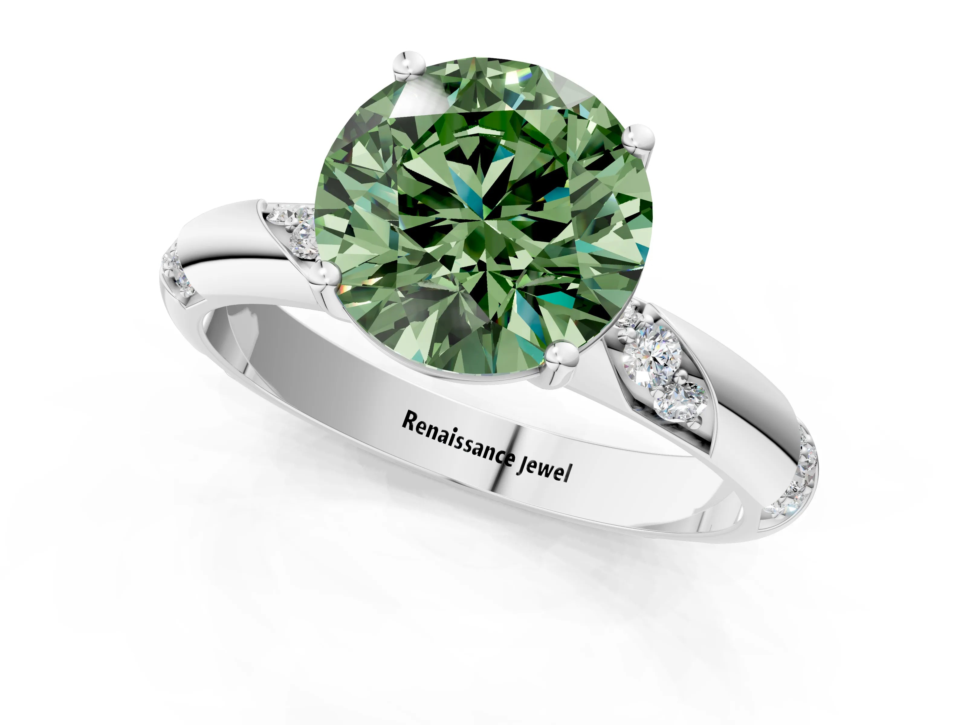 White gold Fancy Green Round Cut Solitaire Diamond Engagement Ring with Twisted Pave Band and Four-Prong Setting_38