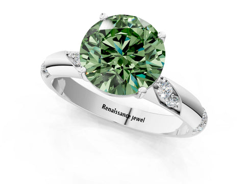White gold Fancy Green Round Cut Solitaire Diamond Engagement Ring with Twisted Pave Band and Four-Prong Setting_38
