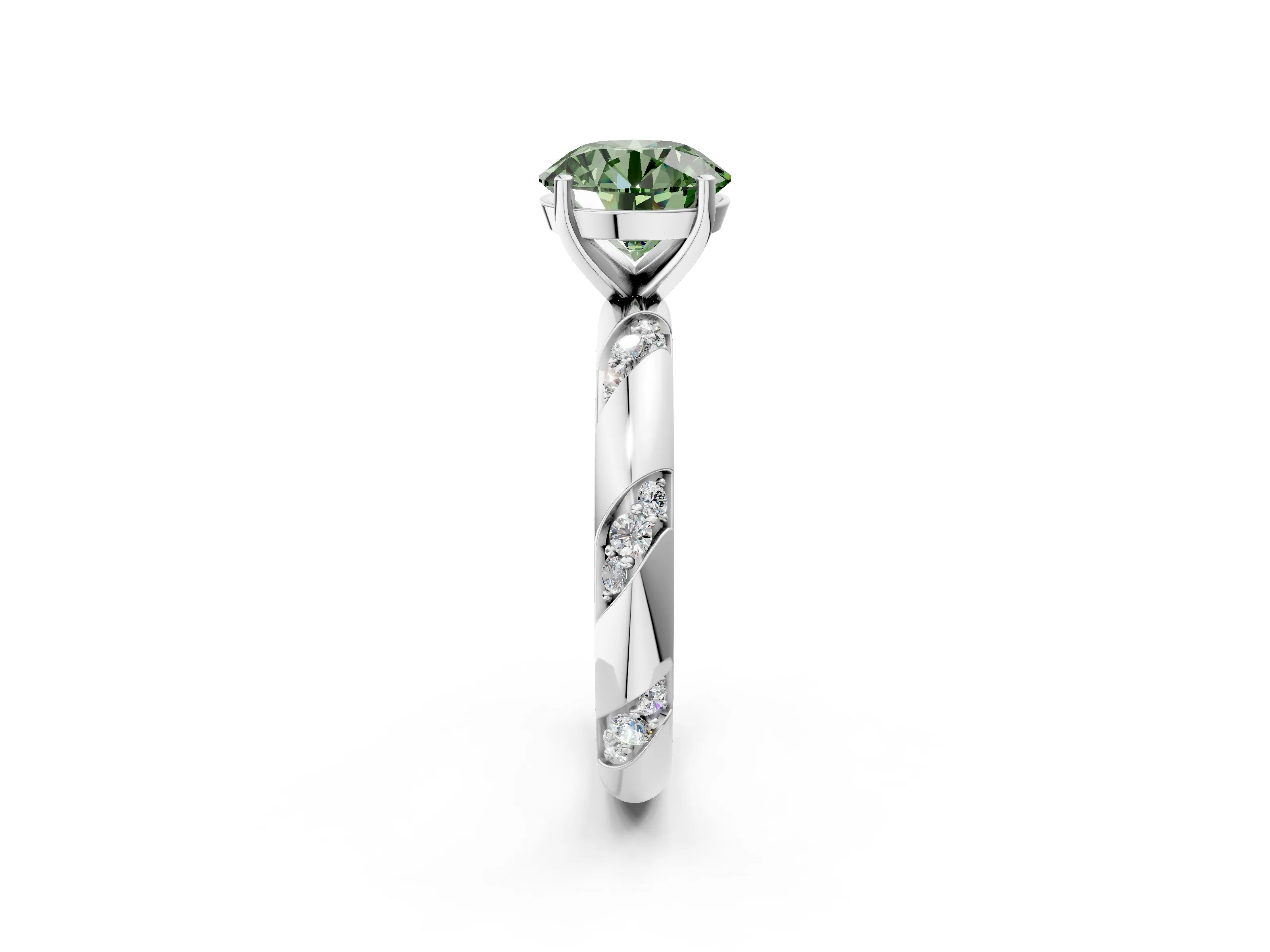 White gold Fancy Green Round Cut Solitaire Diamond Engagement Ring with Twisted Pave Band and Four-Prong Setting_39