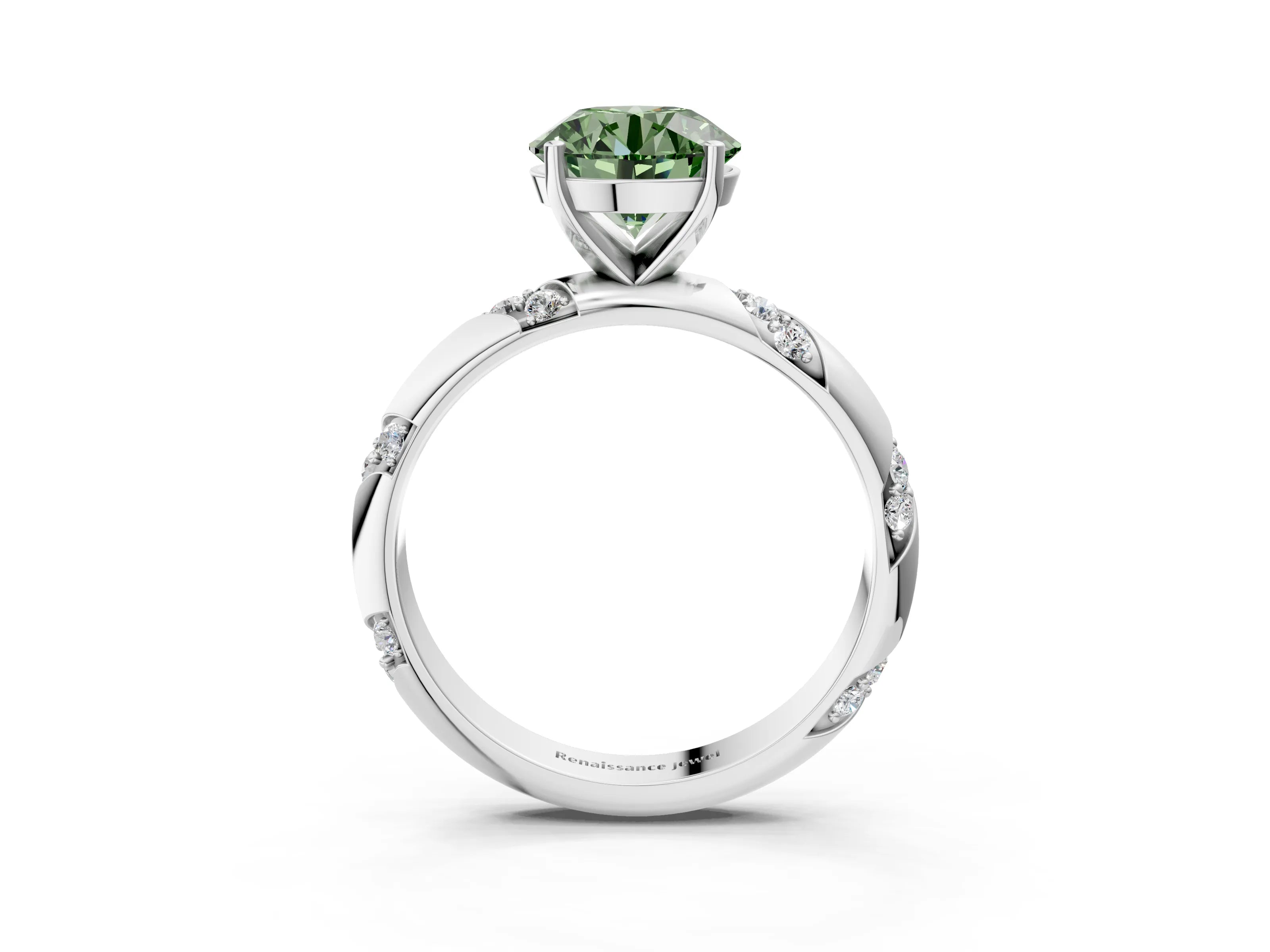 White gold Fancy Green Round Cut Solitaire Diamond Engagement Ring with Twisted Pave Band and Four-Prong Setting_40