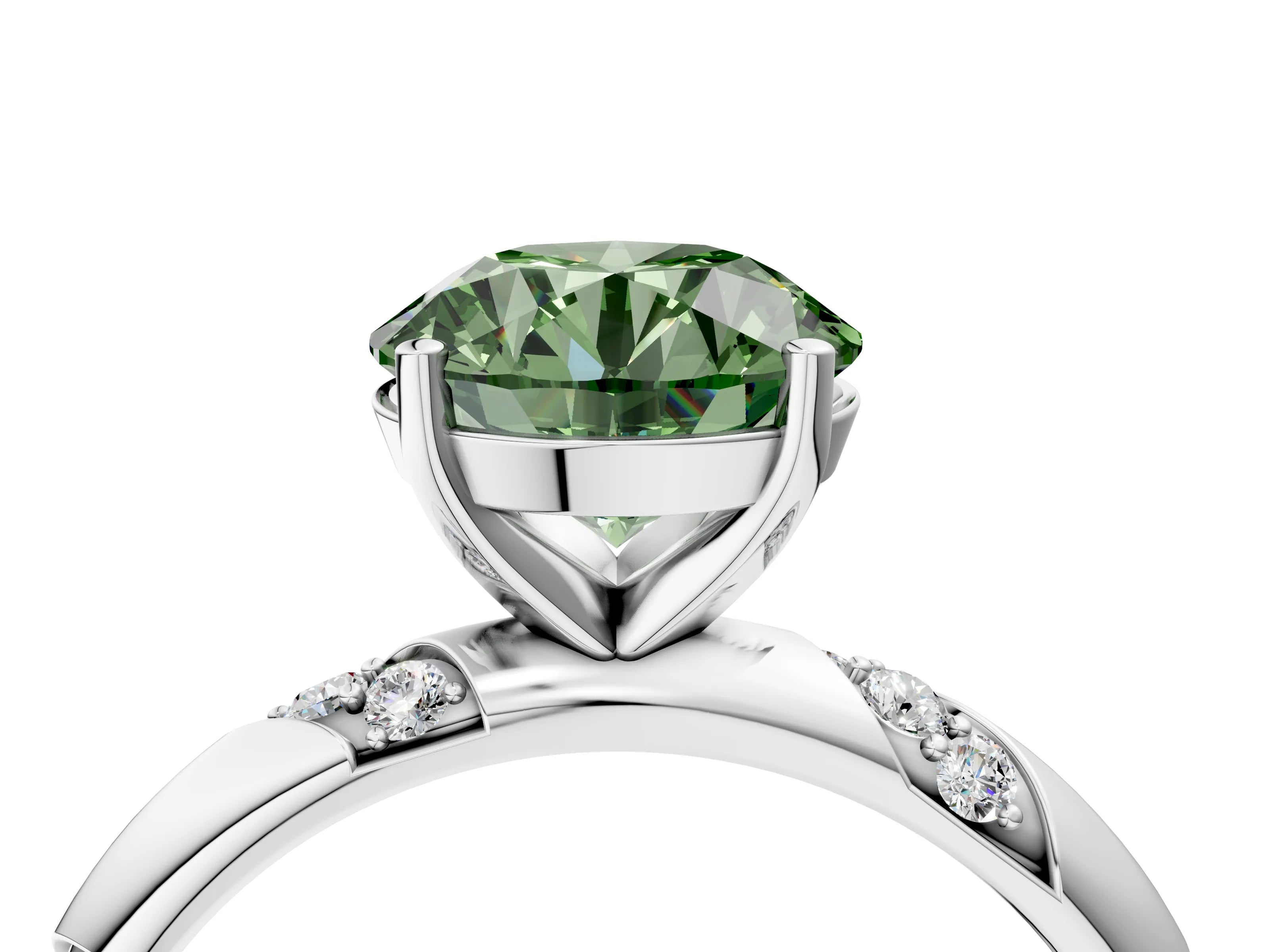 White gold Fancy Green Round Cut Solitaire Diamond Engagement Ring with Twisted Pave Band and Four-Prong Setting_41