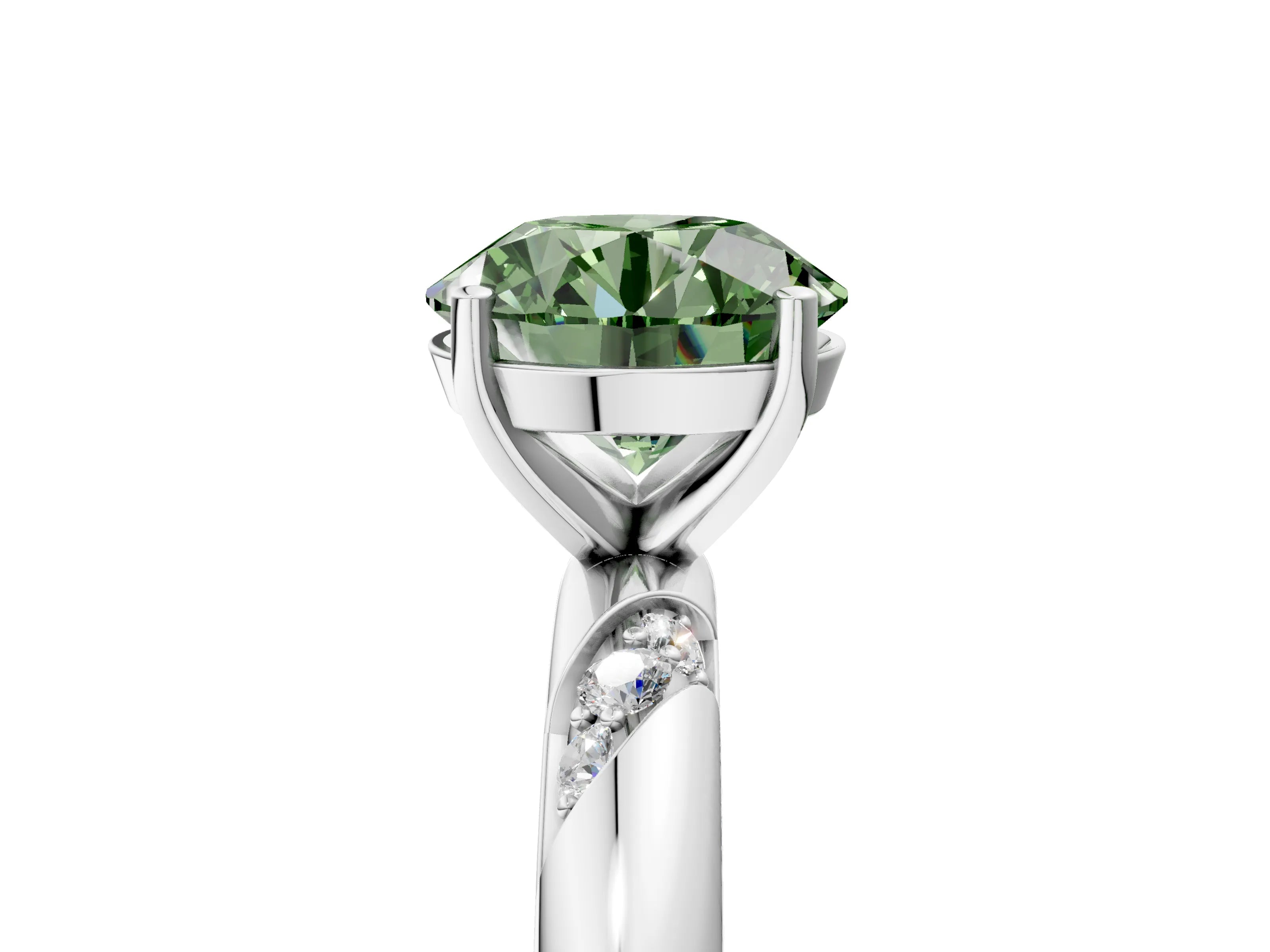 White gold Fancy Green Round Cut Solitaire Diamond Engagement Ring with Twisted Pave Band and Four-Prong Setting_48