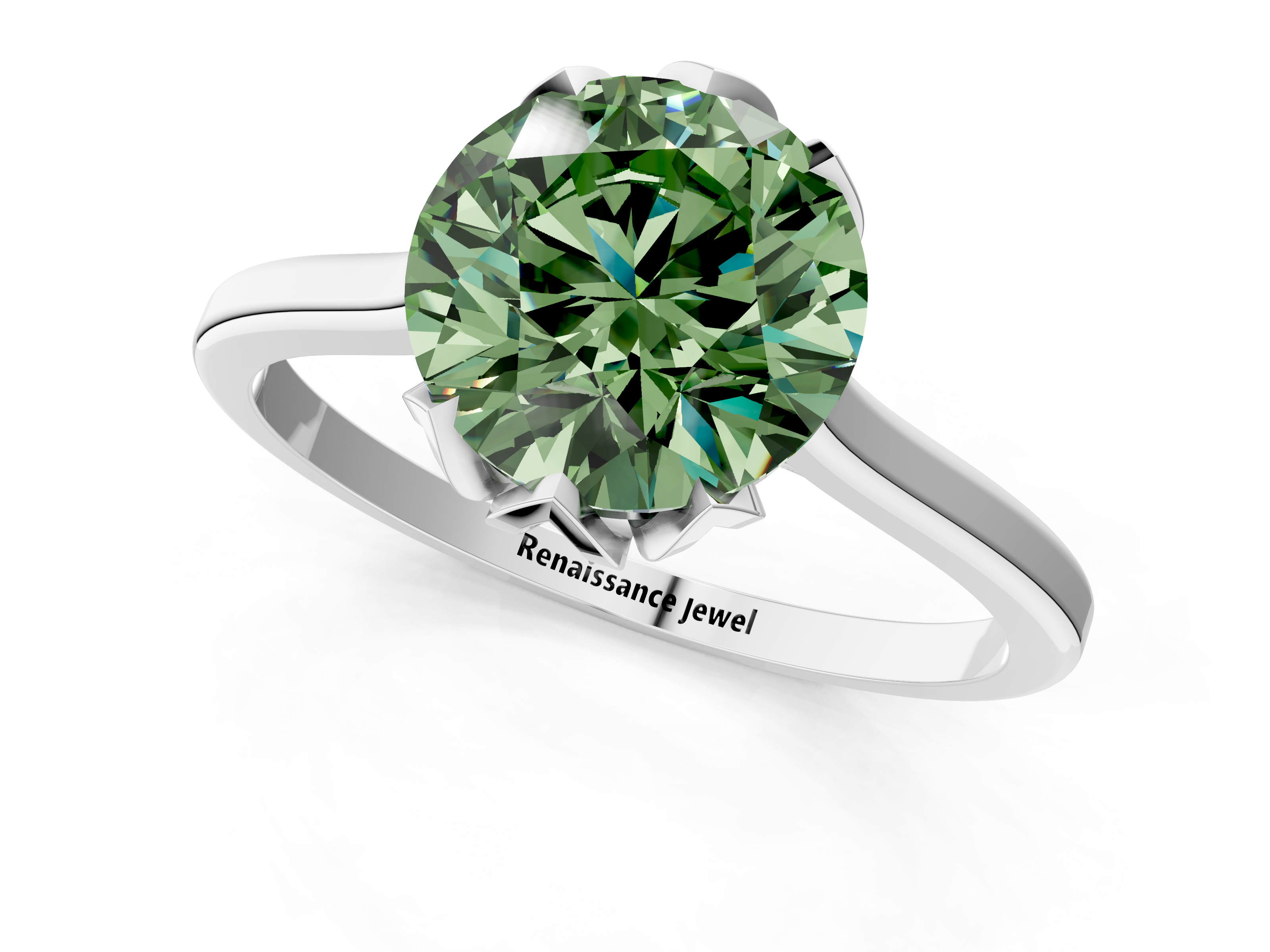 White gold Fancy Green Round  Cut Solitaire Diamond Ring with Flower-Prong Setting and Classic Band_74