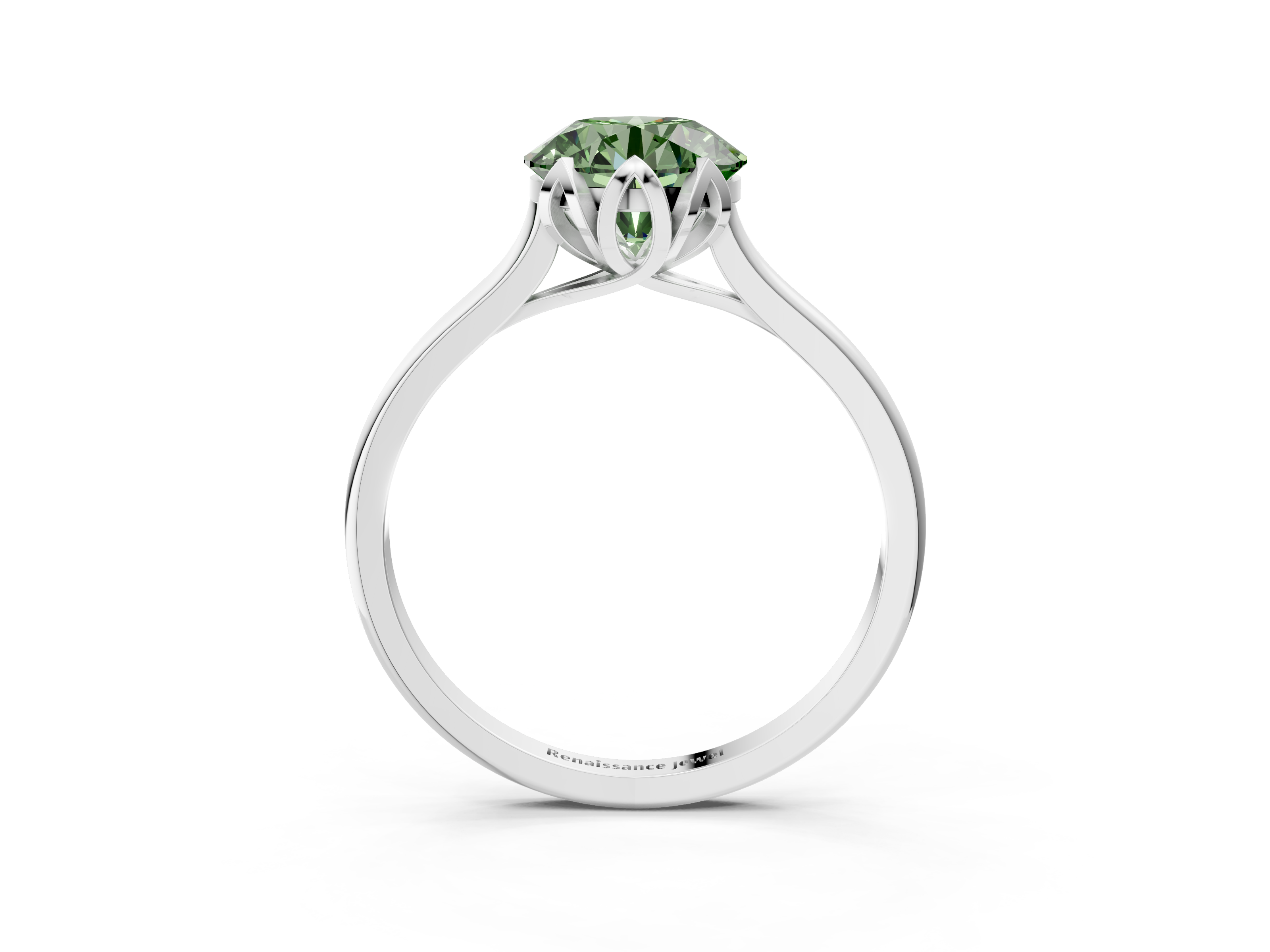 White gold Fancy Green Round  Cut Solitaire Diamond Ring with Flower-Prong Setting and Classic Band_76