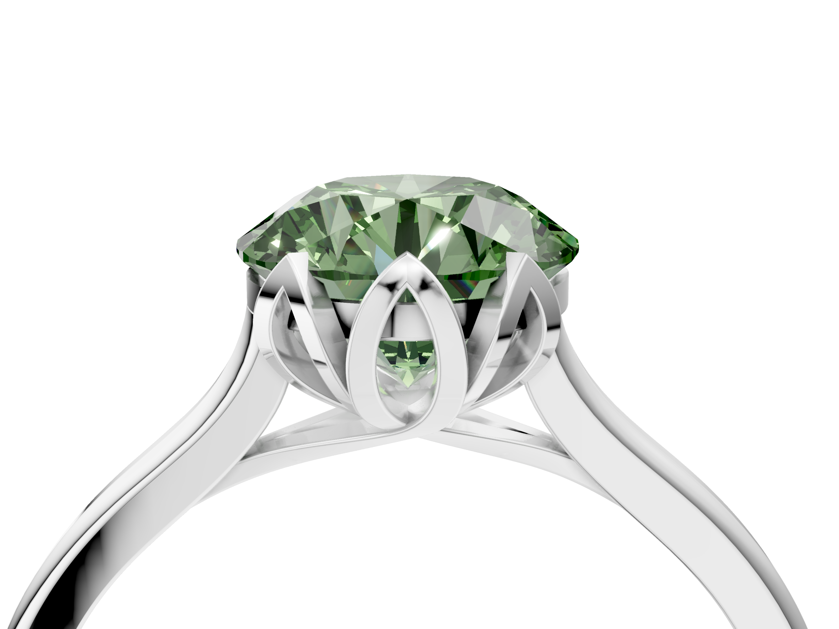 White gold Fancy Green Round  Cut Solitaire Diamond Ring with Flower-Prong Setting and Classic Band_77