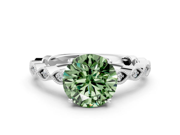 White gold Fancy Green Round Cut Solitaire Diamond Ring with Infinity Twist Band and Four-Prong Setting
