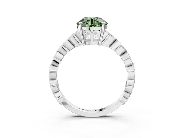 White gold Fancy Green Round Cut Solitaire Diamond Ring with Infinity Twist Band and Four-Prong Setting