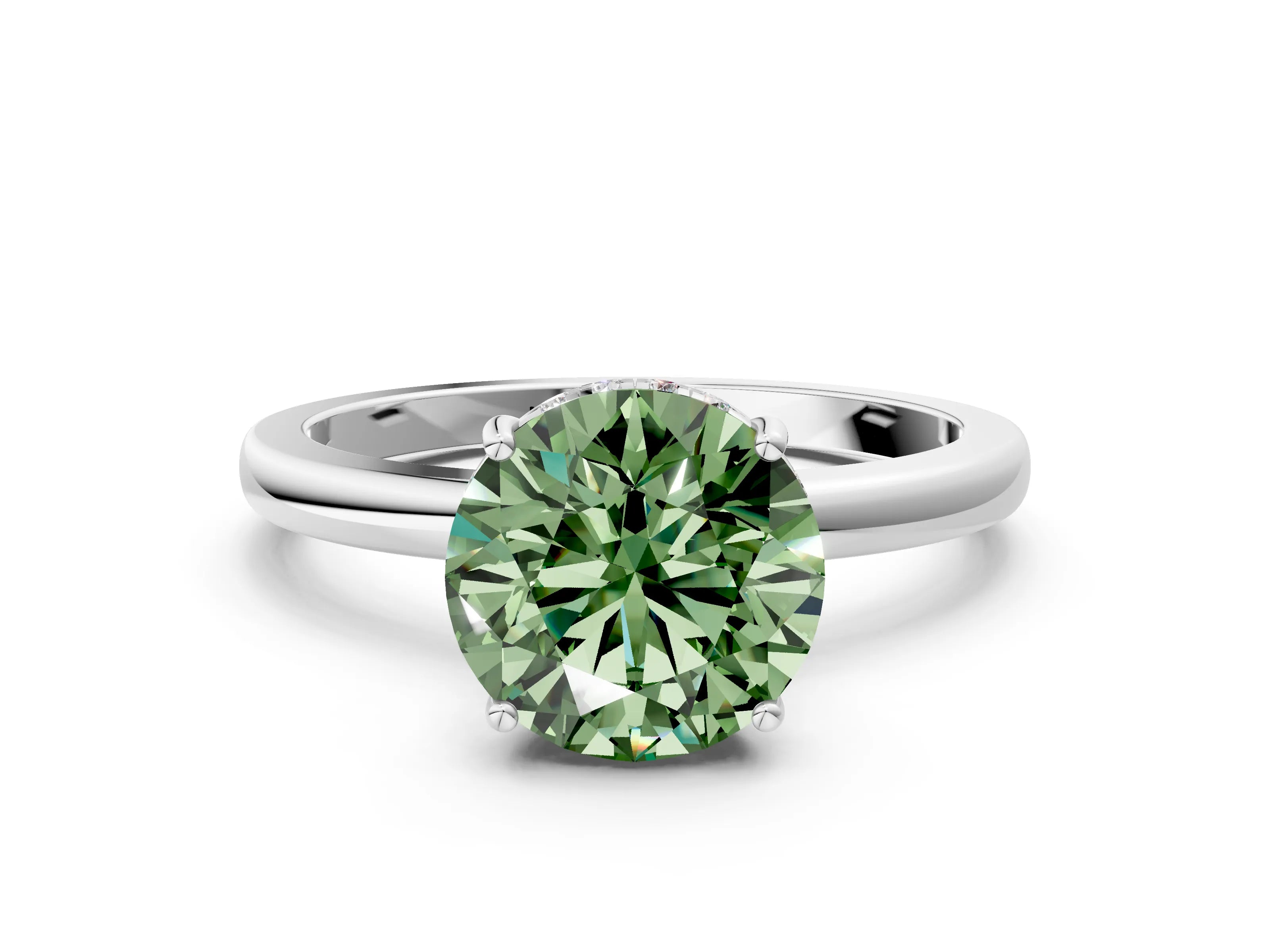 White gold Fancy Green Round Cut Solitaire Diamond Ring with Prong Setting and Plain Band_12