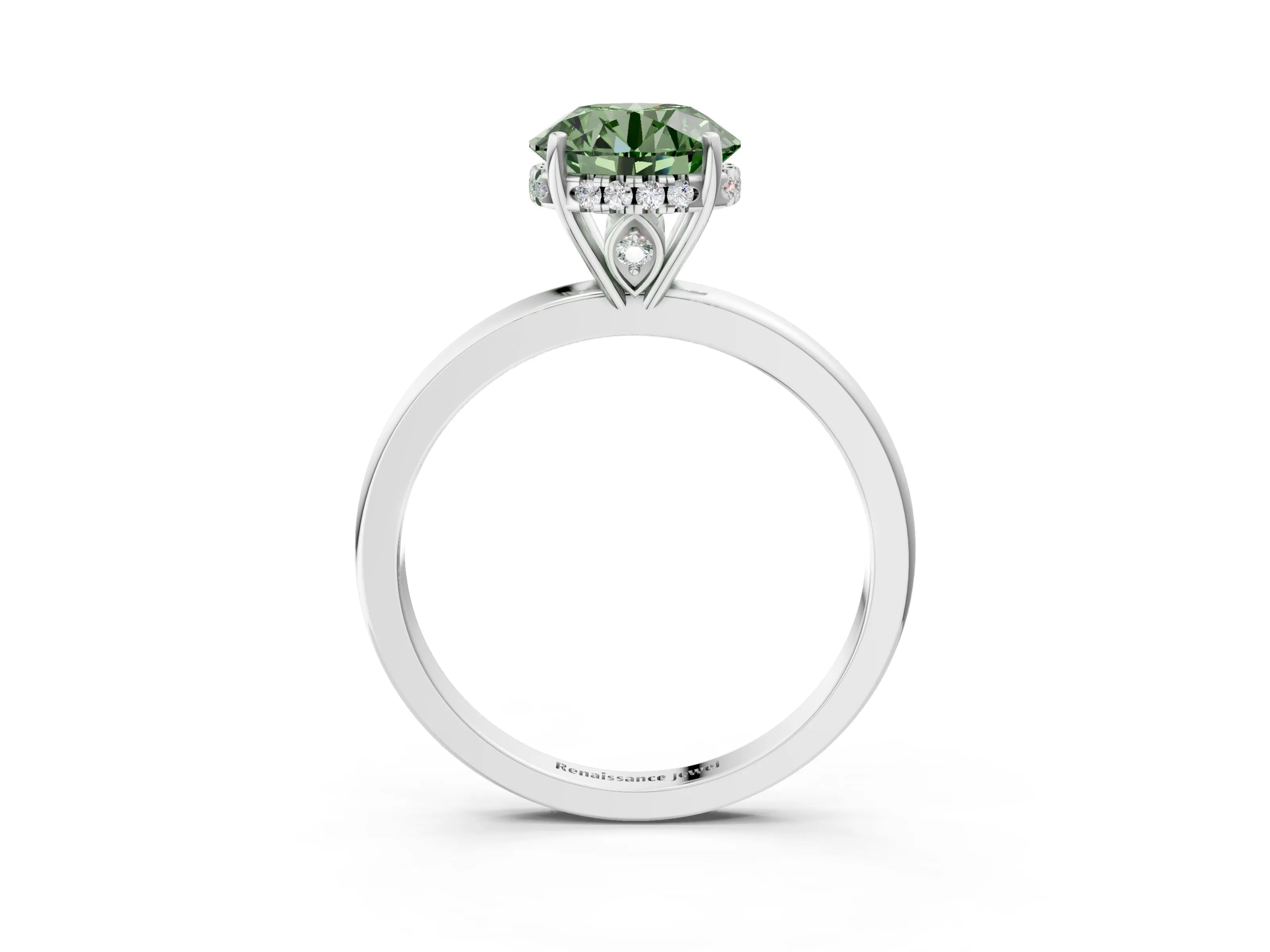 White gold Fancy Green Round Cut Solitaire Diamond Ring with Prong Setting and Plain Band_15