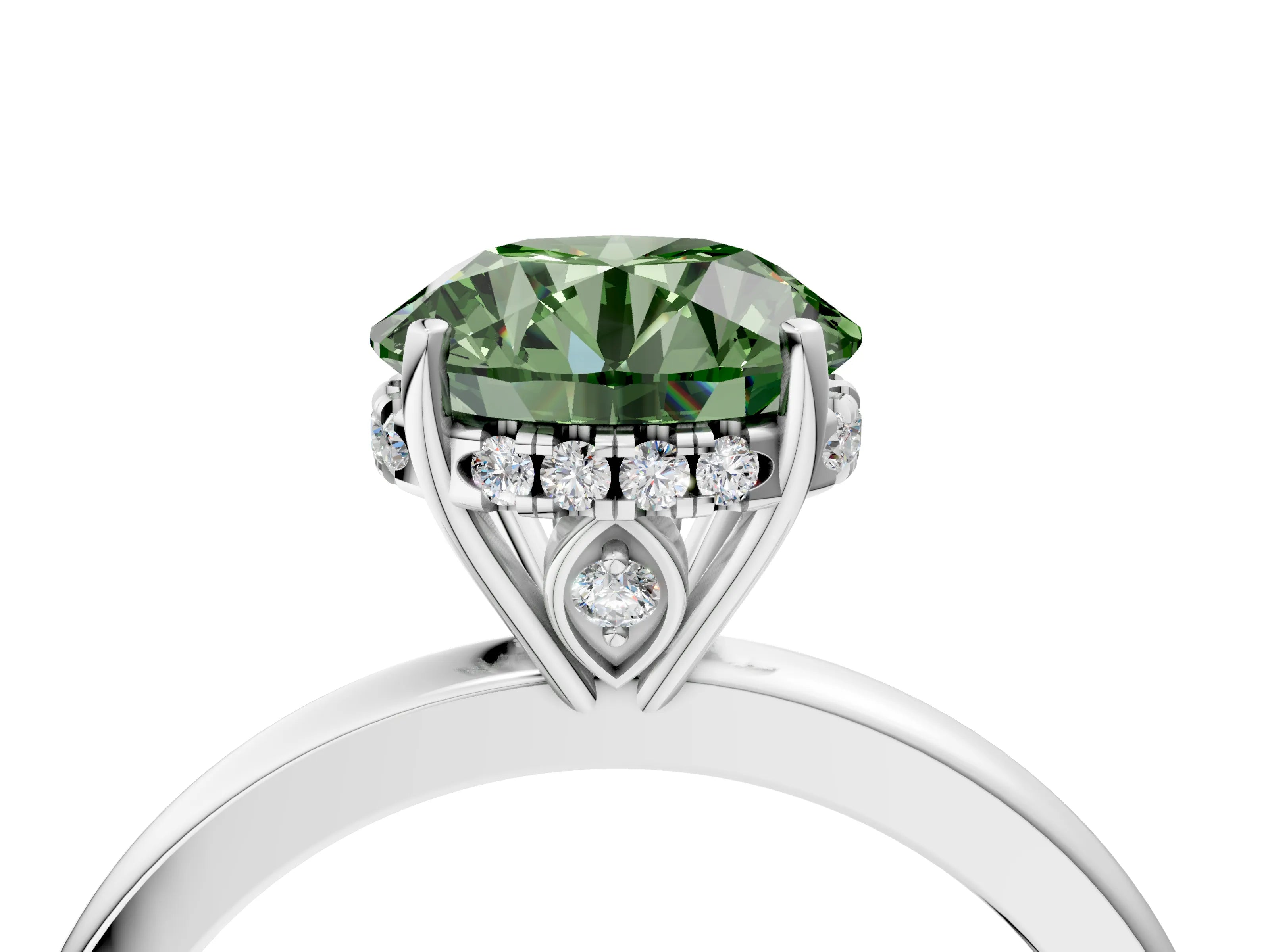 White gold Fancy Green Round Cut Solitaire Diamond Ring with Prong Setting and Plain Band_16