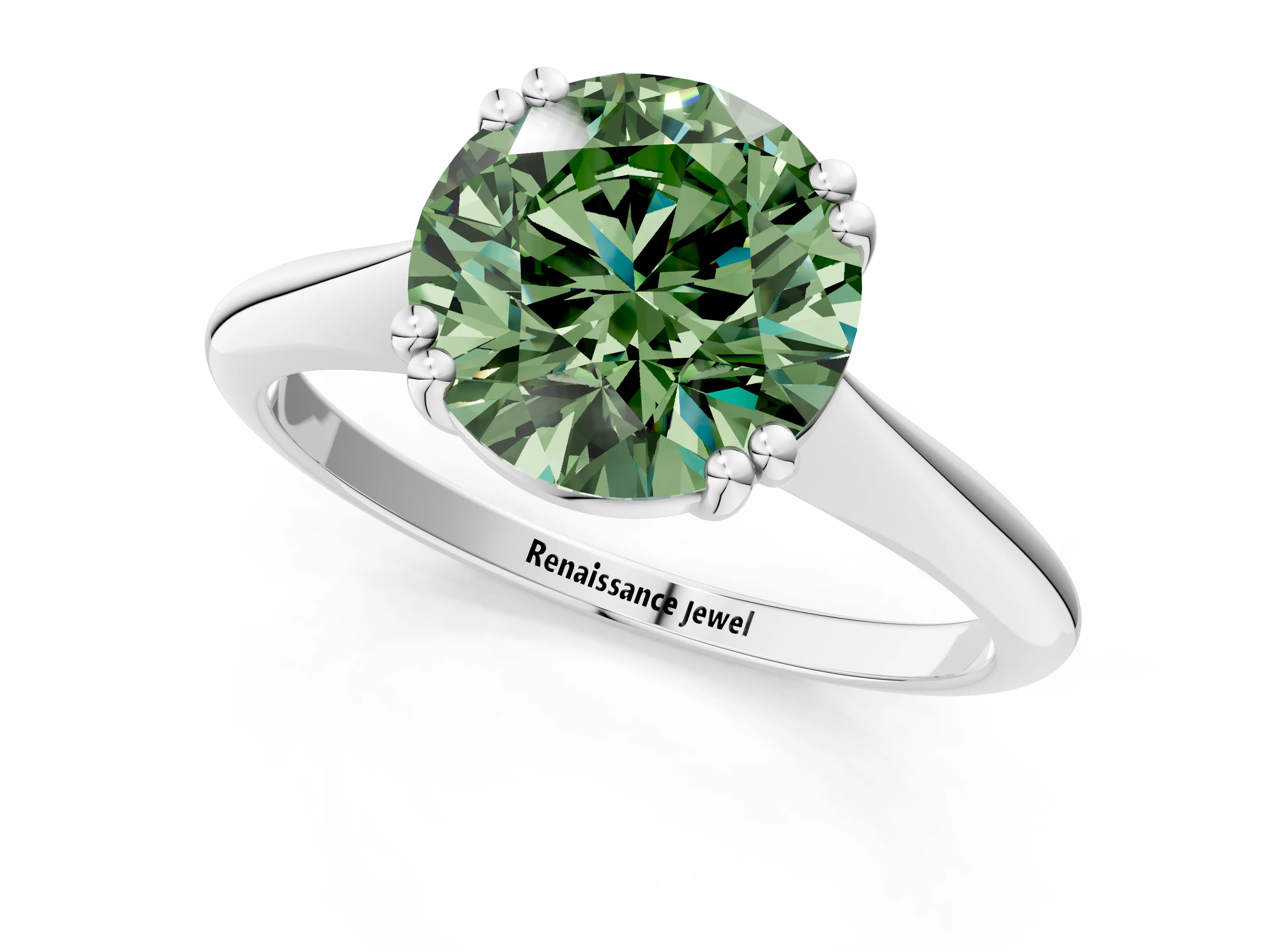White gold Fancy Green Round Cut Solitaire Diamond Ring with Six-Prong Setting and Classic Band_1