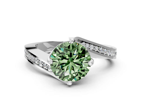 White gold Fancy Green Round Cut Solitaire Diamond Twist Band with Pavé Setting and Four-Prong Setting_12