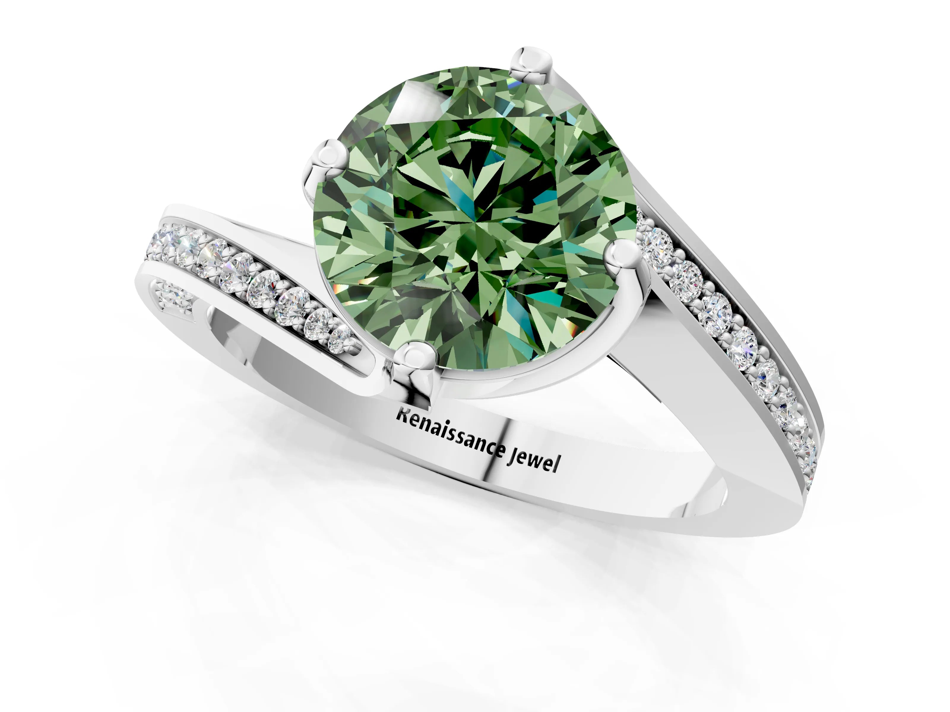White gold Fancy Green Round Cut Solitaire Diamond Twist Band with Pavé Setting and Four-Prong Setting_13