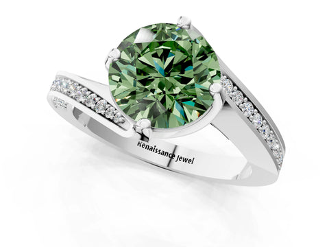 White gold Fancy Green Round Cut Solitaire Diamond Twist Band with Pavé Setting and Four-Prong Setting_13