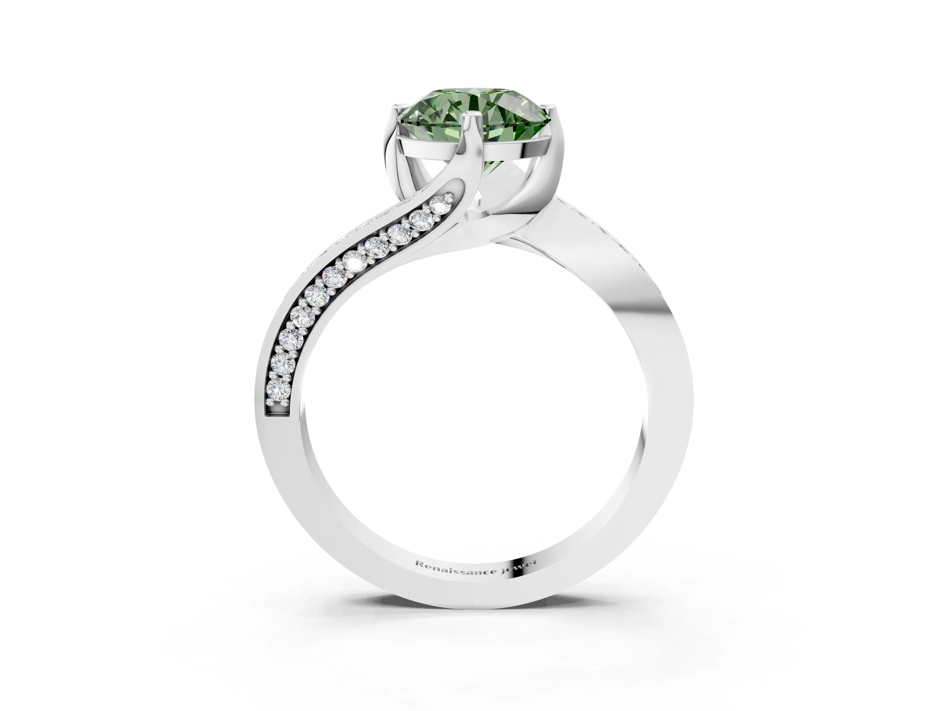 White gold Fancy Green Round Cut Solitaire Diamond Twist Band with Pavé Setting and Four-Prong Setting_15