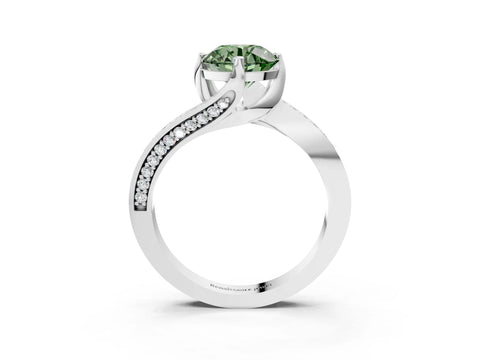 White gold Fancy Green Round Cut Solitaire Diamond Twist Band with Pavé Setting and Four-Prong Setting_15