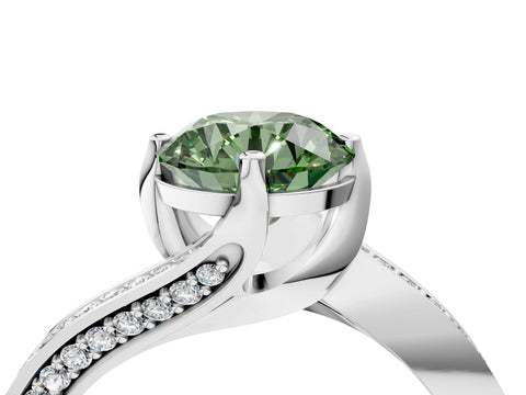 White gold Fancy Green Round Cut Solitaire Diamond Twist Band with Pavé Setting and Four-Prong Setting_16