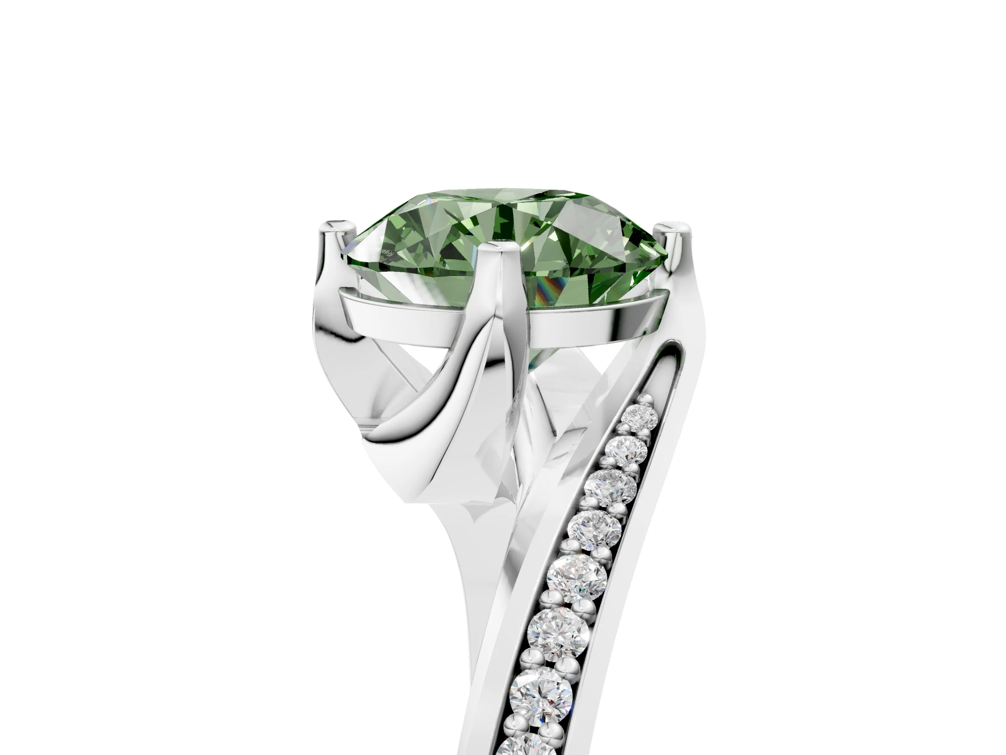White gold Fancy Green Round Cut Solitaire Diamond Twist Band with Pavé Setting and Four-Prong Setting_17