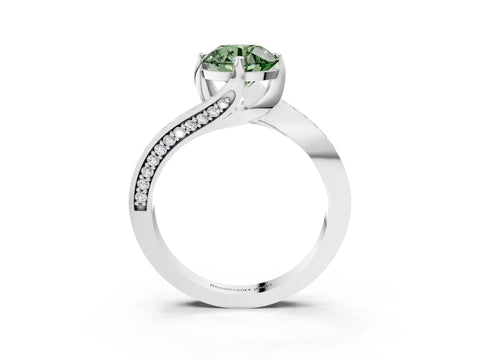 White gold Fancy Green Round Cut Solitaire Diamond Twist Band with Pavé Setting and Four-Prong Setting_3