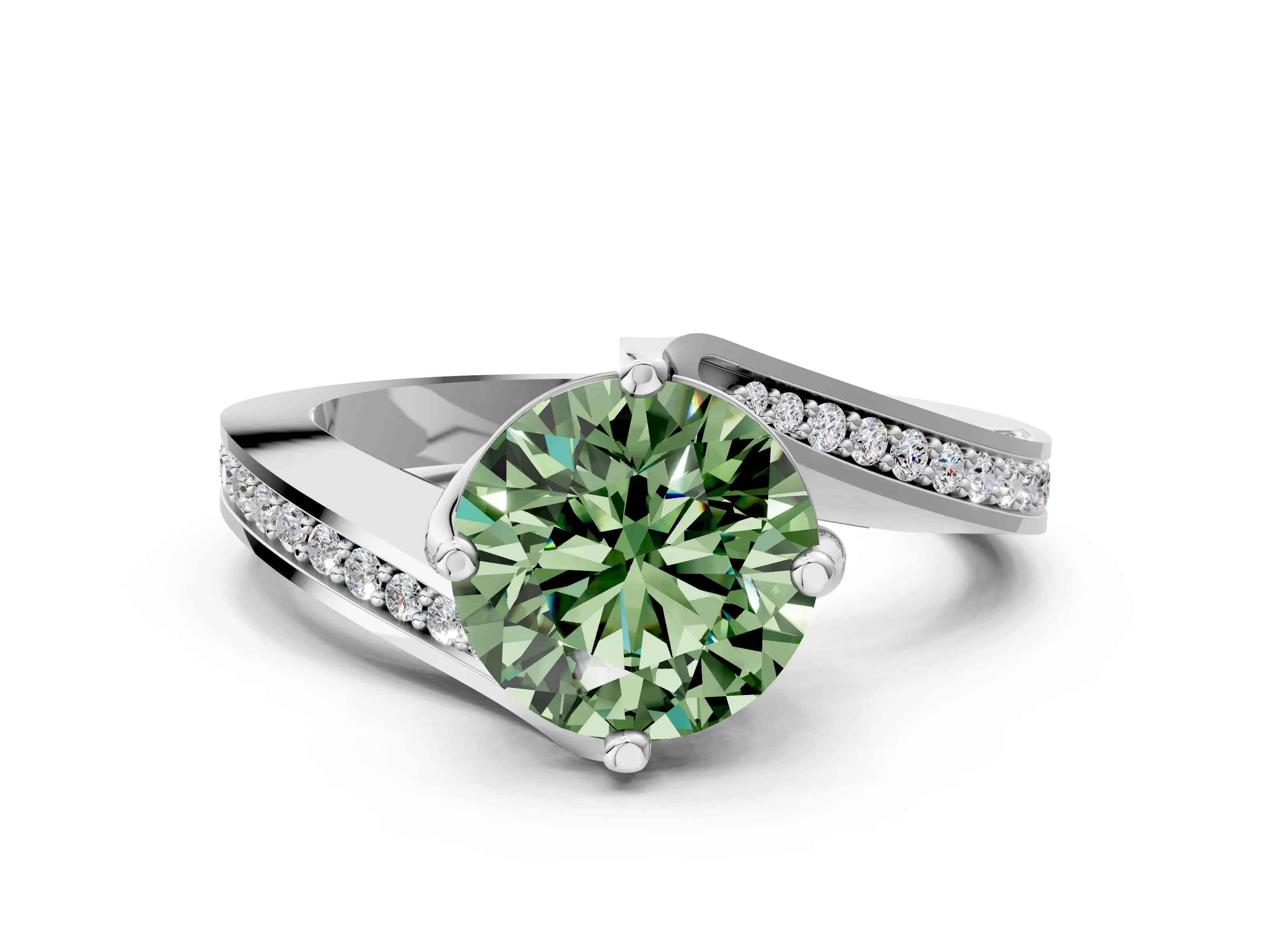 White gold Fancy Green Round Cut Solitaire Diamond Twist Band with Pavé Setting and Four-Prong Setting