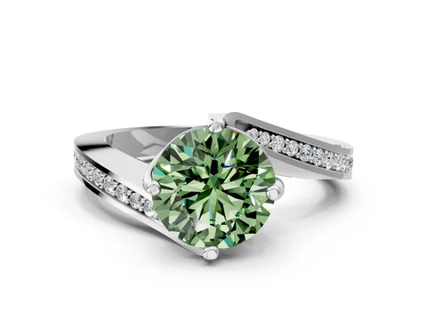 White gold Fancy Green Round Cut Solitaire Diamond Twist Band with Pavé Setting and Four-Prong Setting