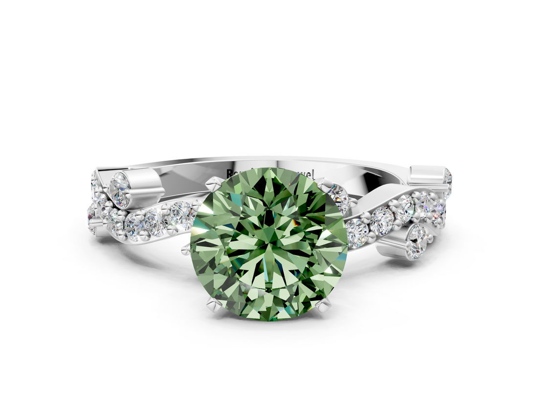 White gold Fancy Green Round  Cut Solitaire Diamond Twisted Band with Pave Setting_101