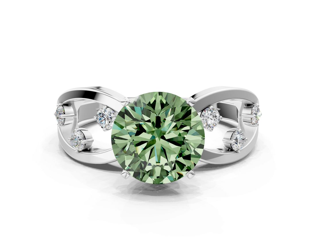 White gold Fancy Green Round  Cut Solitaire Diamond with Side Stones on Criss-Cross Band and Four-Prong Setting_3