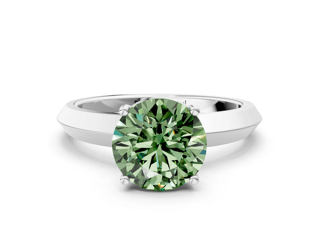 White gold Fancy Green Round  Cut Solitaire Engagement Ring with Flat Band and Four-Prong Setting