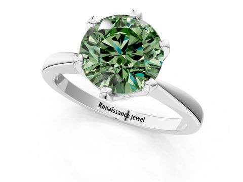 White gold Fancy Green Round Cut Solitaire Engagement Ring with Six-Prong Setting and Tapered Band_1