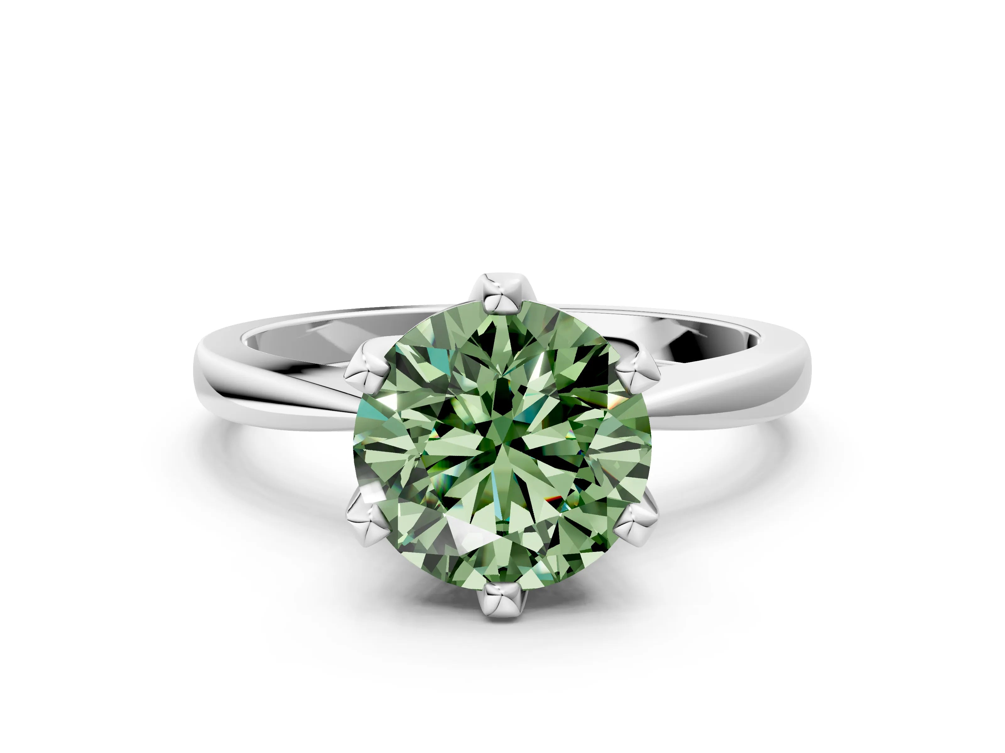 White gold Fancy Green Round Cut Solitaire Engagement Ring with Six-Prong Setting and Tapered Band