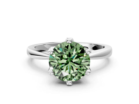 White gold Fancy Green Round Cut Solitaire Engagement Ring with Six-Prong Setting and Tapered Band