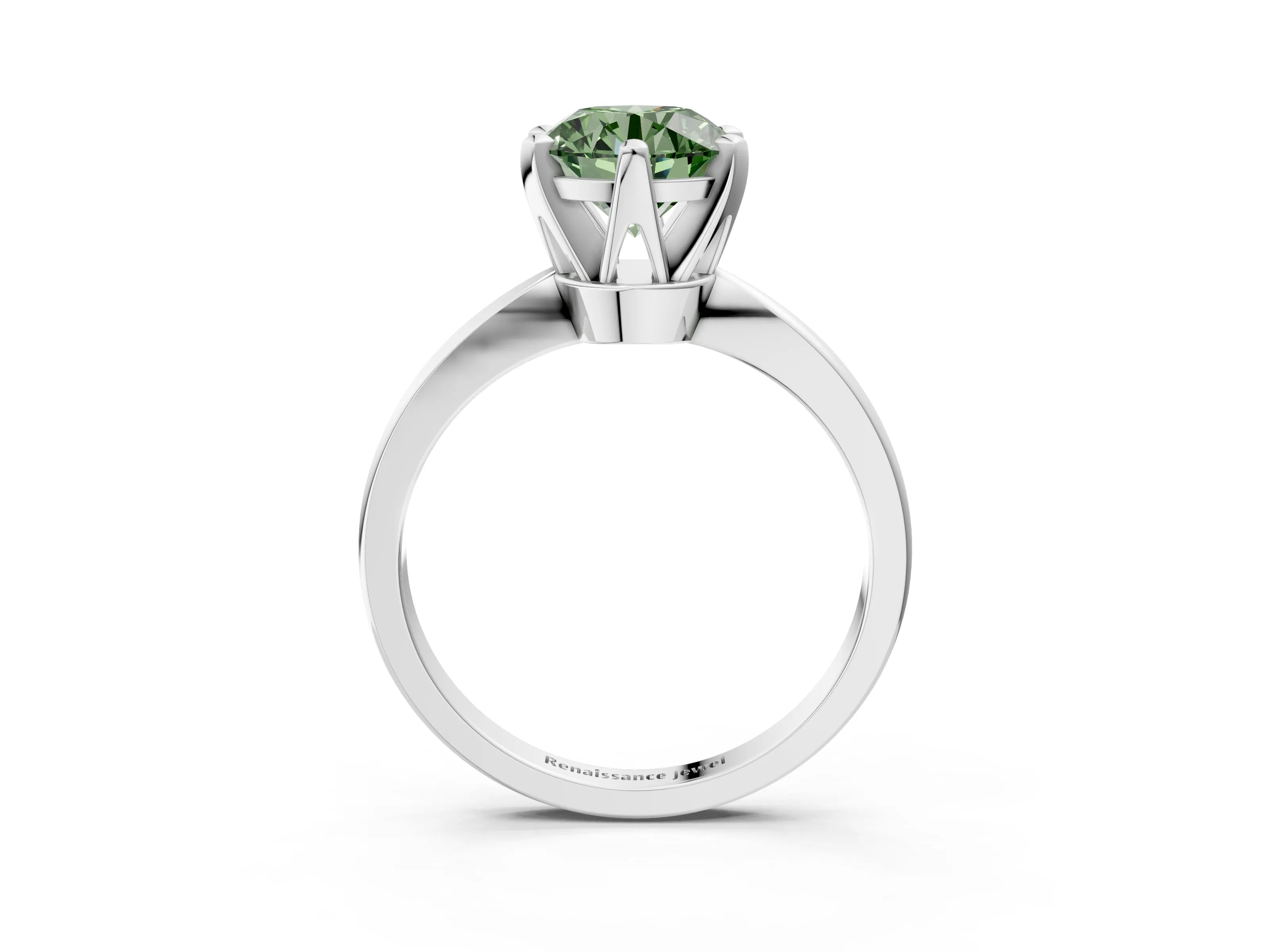 White gold Fancy Green Round Cut Solitaire Engagement Ring with Six-Prong Setting and Tapered Band_3