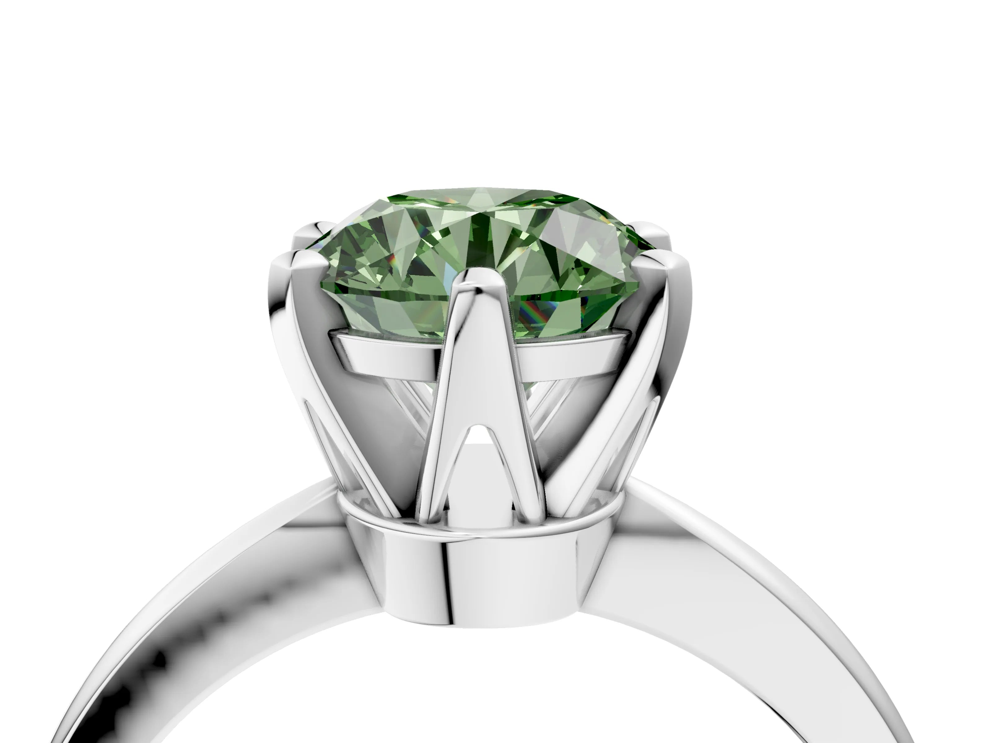 White gold Fancy Green Round Cut Solitaire Engagement Ring with Six-Prong Setting and Tapered Band_4