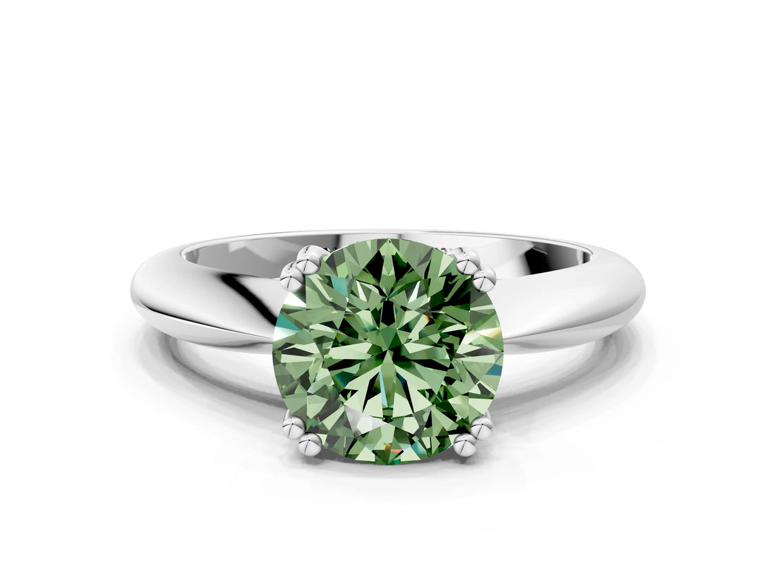 White gold Fancy Green Round  Cut Solitaire Engagement Ring with Tapered Band and Four-Prong Setting 1