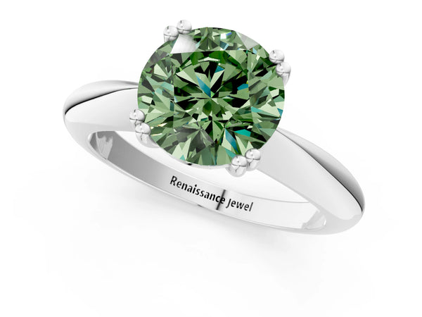 White gold Fancy Green Round  Cut Solitaire Engagement Ring with Tapered Band and Four-Prong Setting