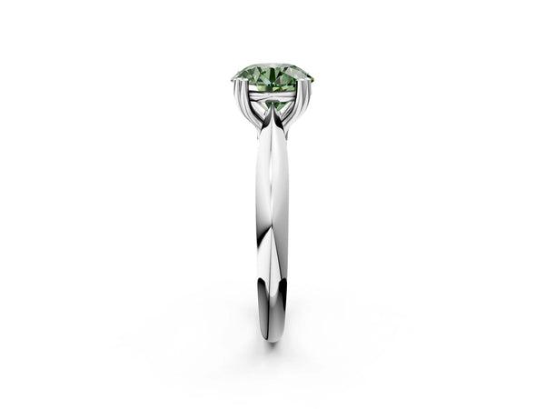 White gold Fancy Green Round  Cut Solitaire Engagement Ring with Tapered Band and Four-Prong Setting