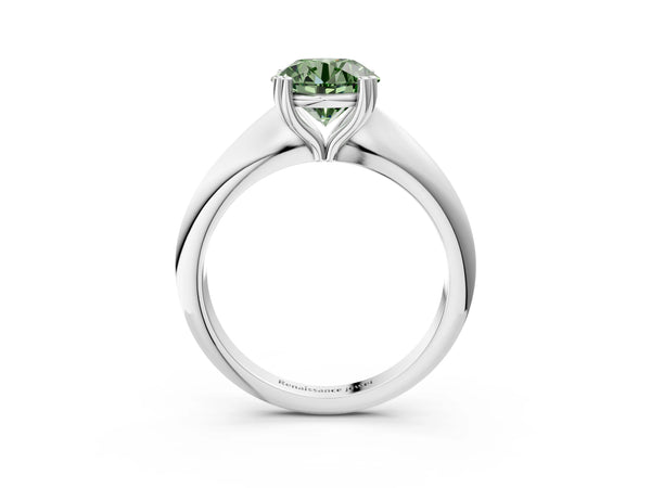 White gold Fancy Green Round  Cut Solitaire Engagement Ring with Tapered Band and Four-Prong Setting