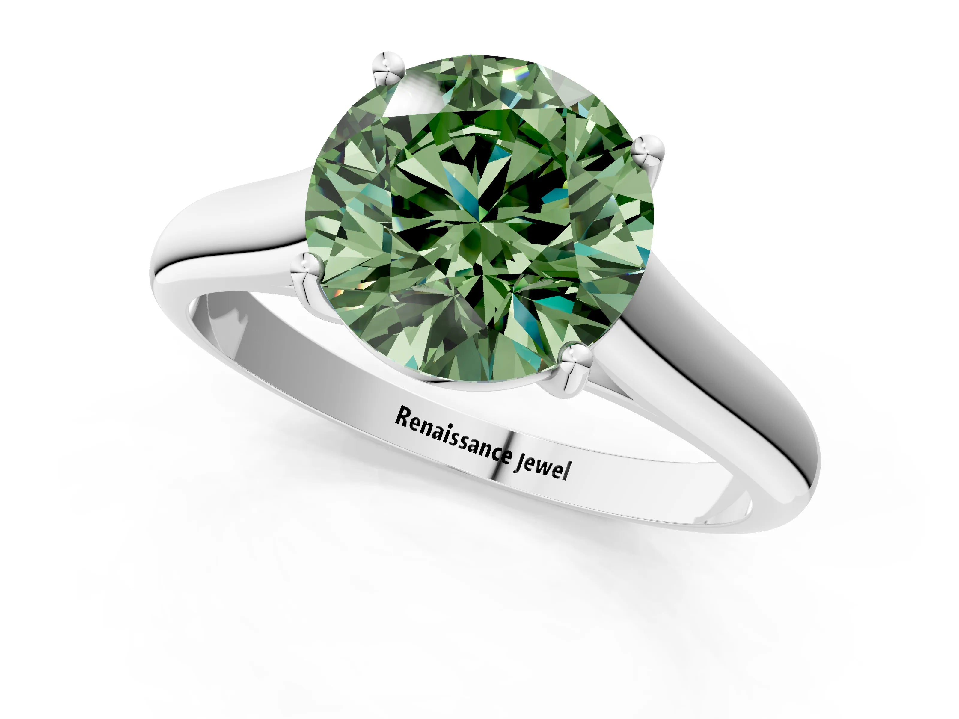 White gold Fancy Green Round Cut Solitaire Engagement Ring with Tapered Band and Four-Prong Setting_28