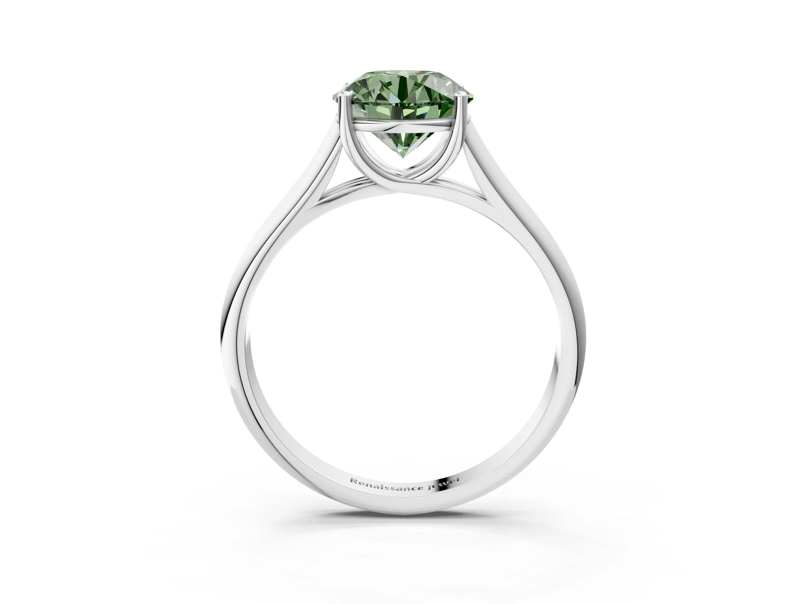White gold Fancy Green Round Cut Solitaire Engagement Ring with Tapered Band and Four-Prong Setting_6