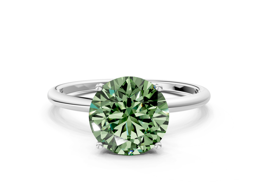 White gold Fancy Green Round  Cut Solitaire Engagement Ring with Thin Band and Four-Prong Setting_3