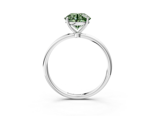 White gold Fancy Green Round  Cut Solitaire Engagement Ring with Thin Band and Four-Prong Setting